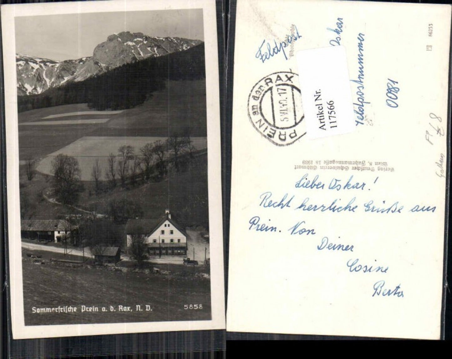 117566,Sommerfrische Prein a.d. Rax Gasthaus seltene AK 1940 Feldpost