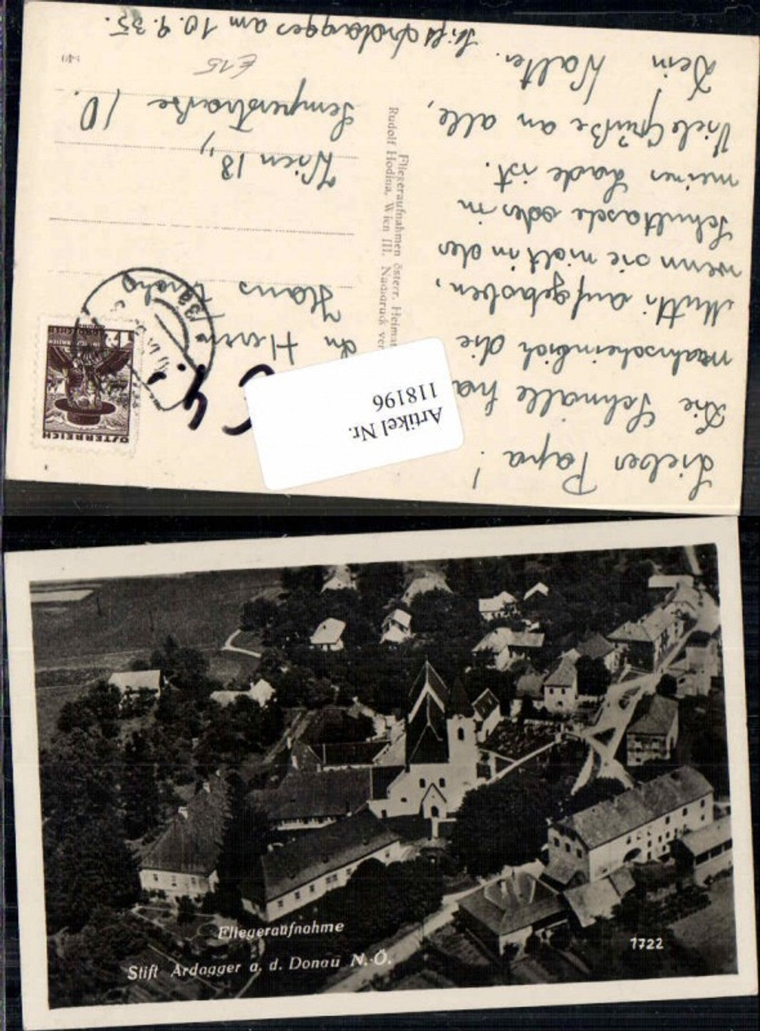 118196,seltene Fliegeraufnahme Stift Ardagger bei Amstetten 1938 Hodina AK 1722