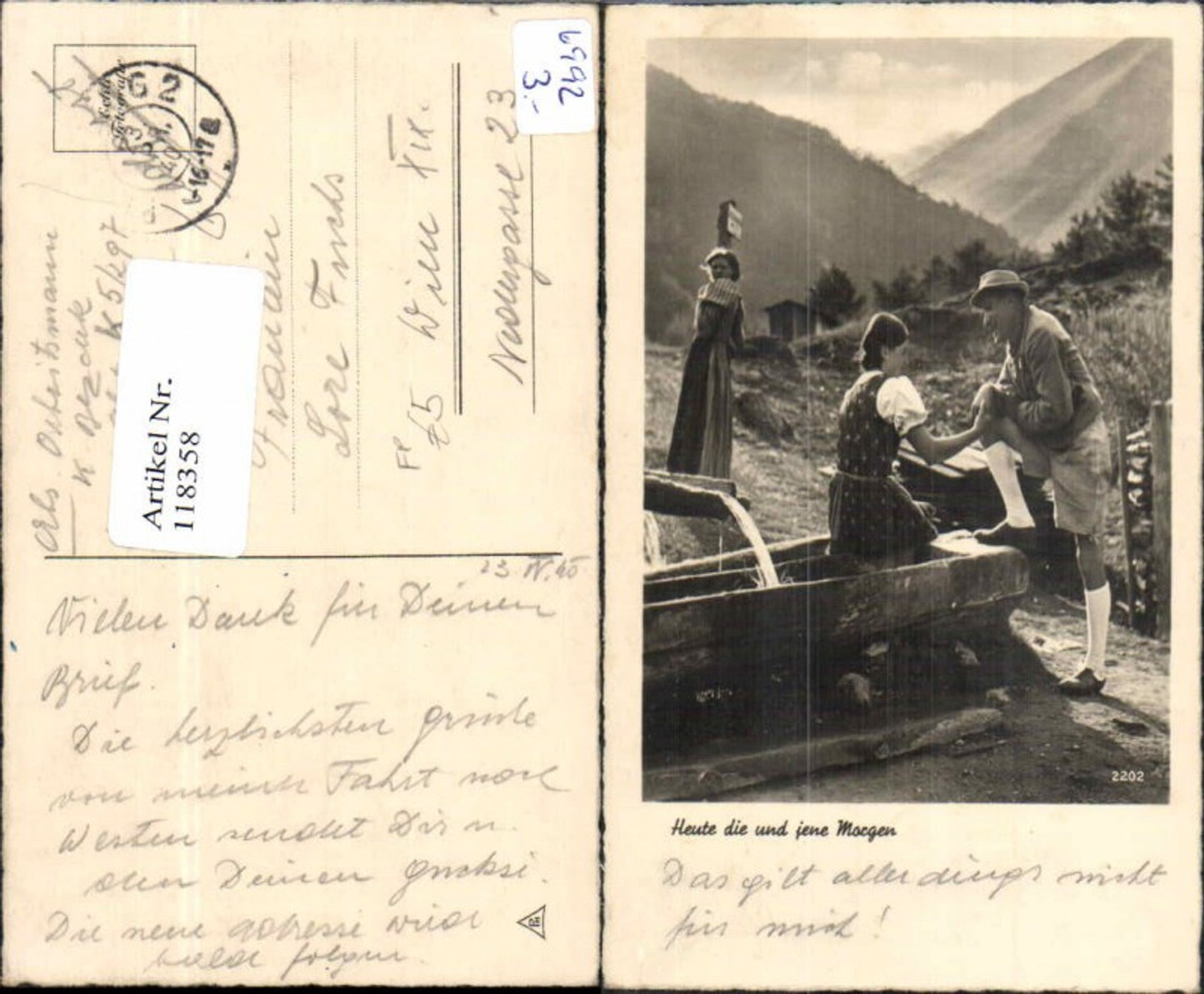 118358,Frau m. Jäger Mann am Brunnen Liebespaar feldpost