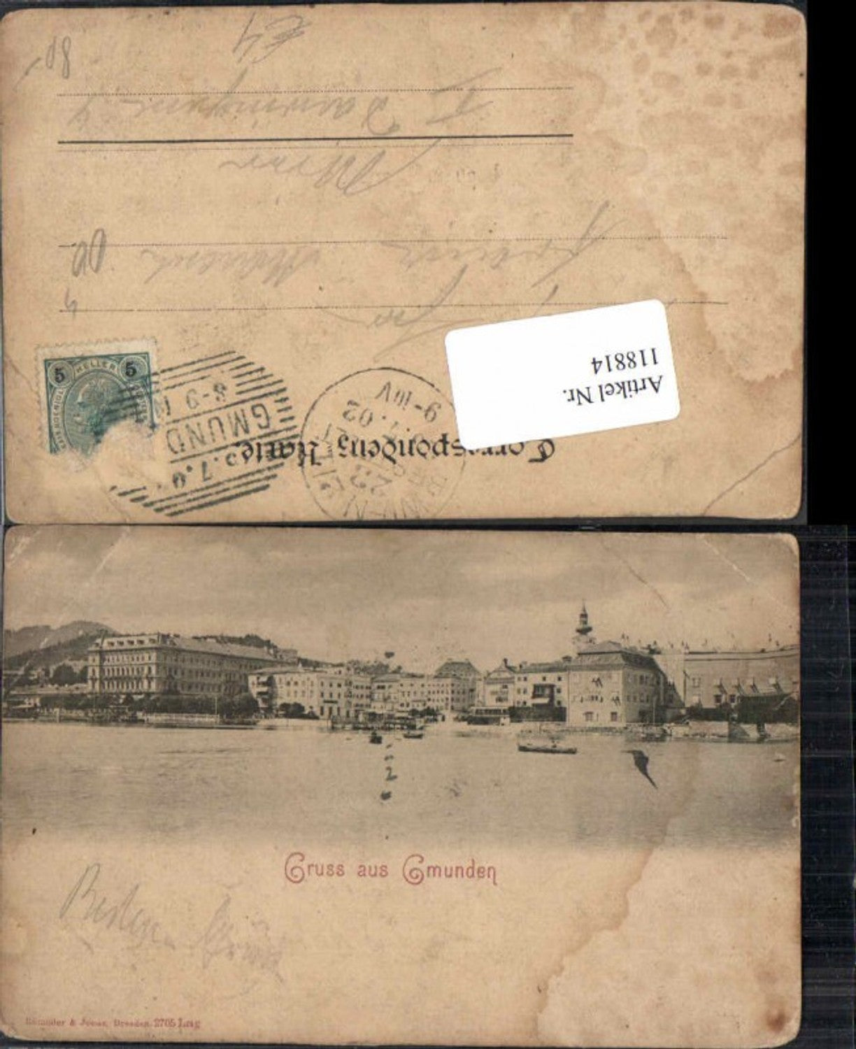 118814,Gruss aus Gmunden m. Hotels am Ufer 1900