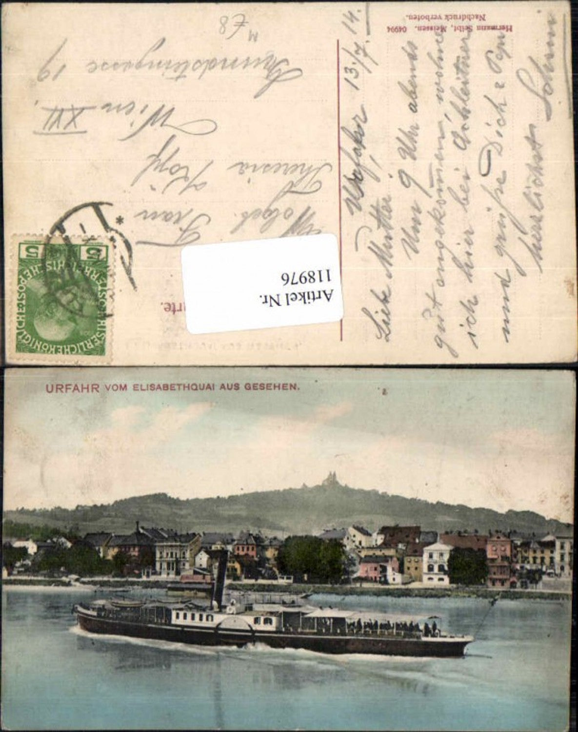 118976,Urfahr bei Linz Elisabethquai aus Dampfer Detailansicht auf Donau 1904 RAR