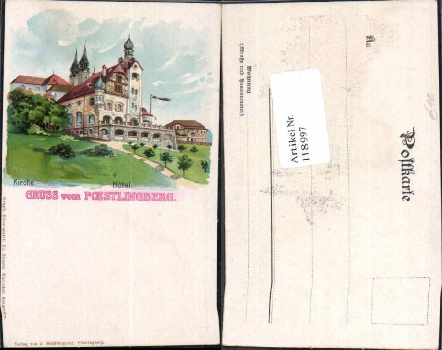 118997,Litho Gruss aus Pöstlingberg bei Linz Hotel Kirche 1900