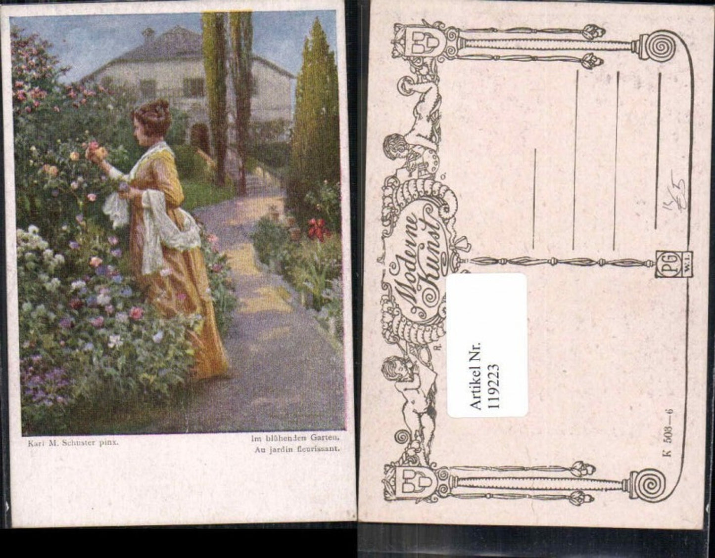 119223,Karl M. Schuster Im blühenden Garten Frau Rosen Blumen