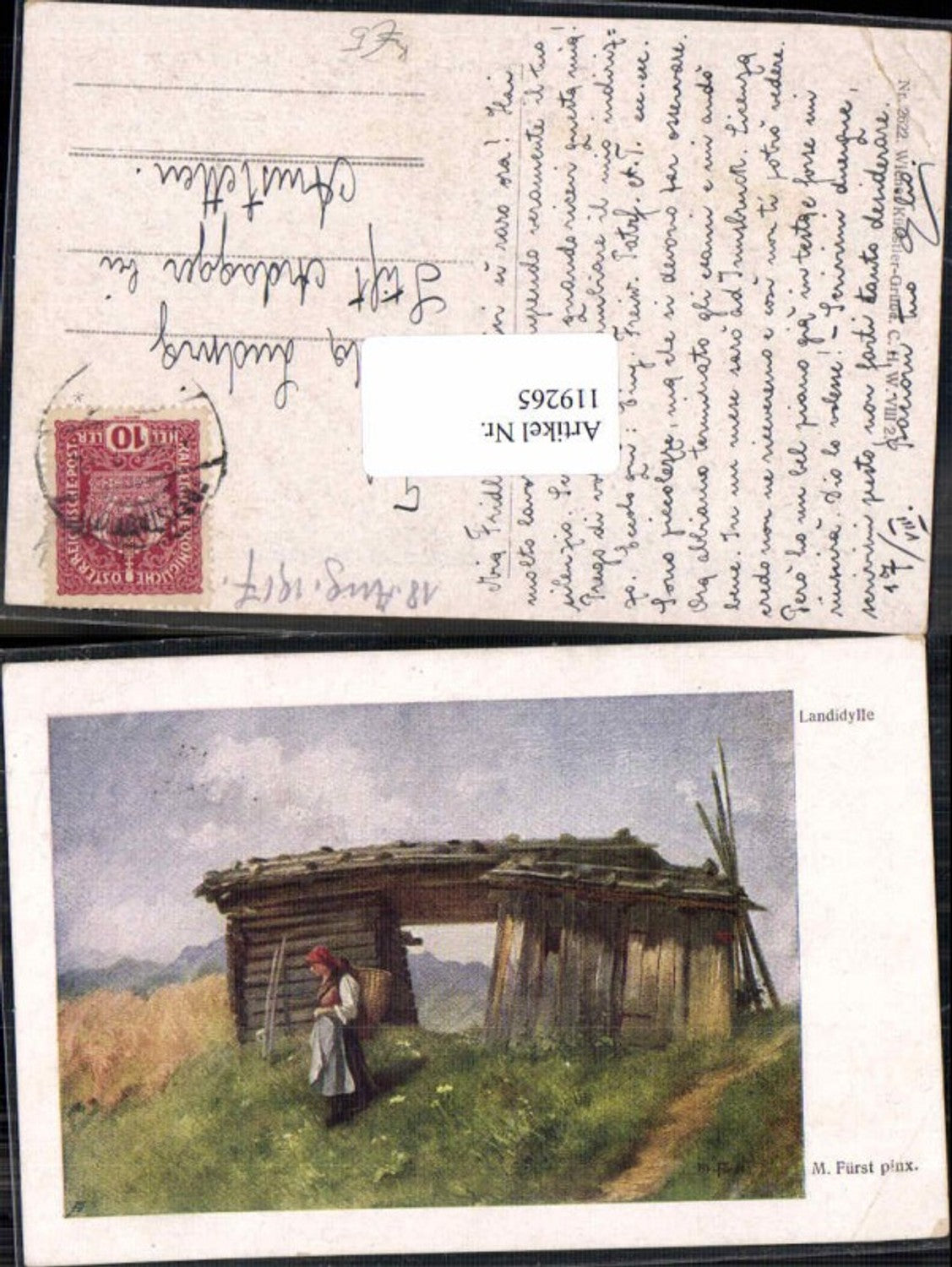 119265,M. Fürst Landidylle Frau vor bauernschuppen