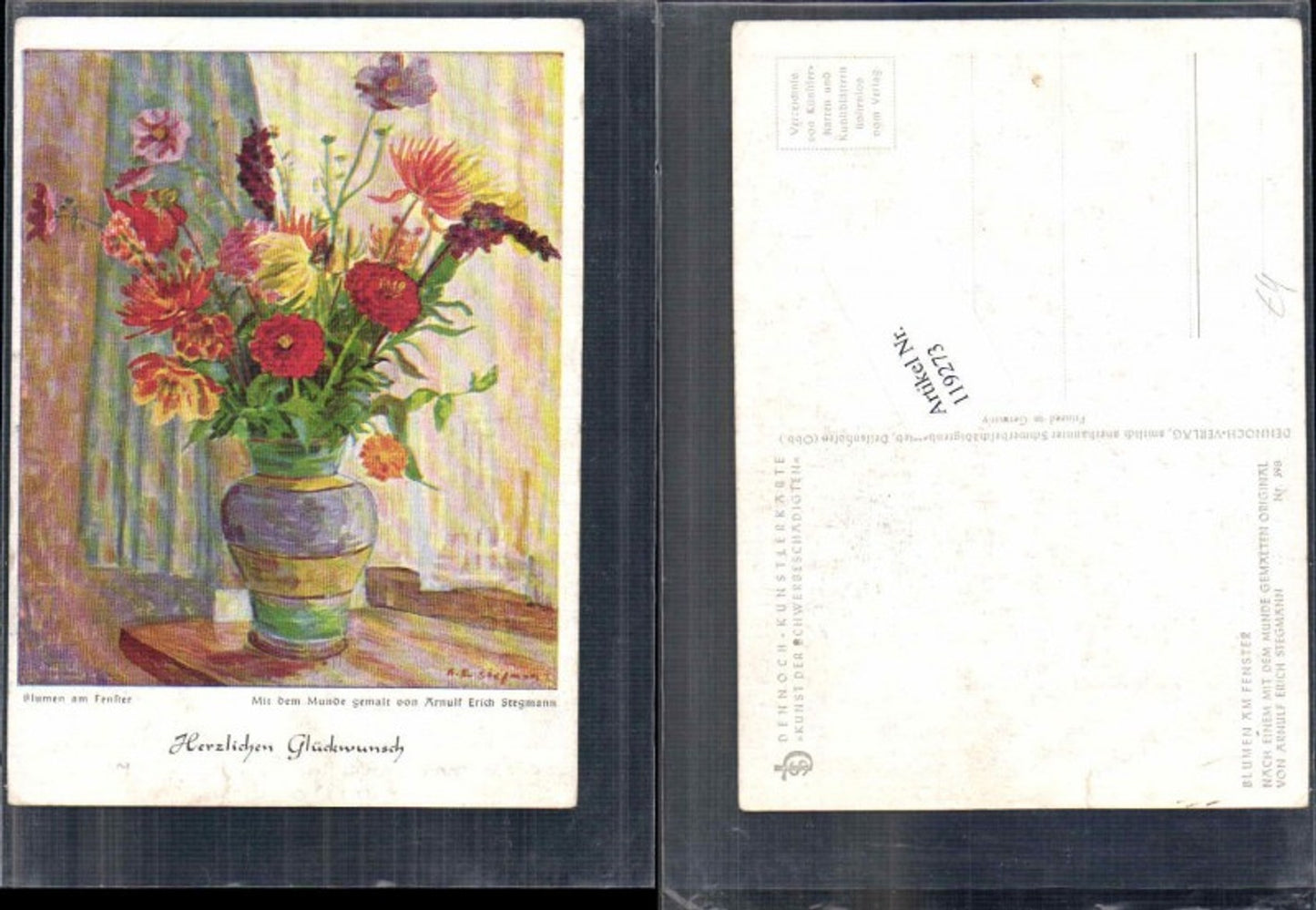 119273,Dennoch Karte 398 Blumen am Fenster Arnulf Erich Stegmann mundgemalt