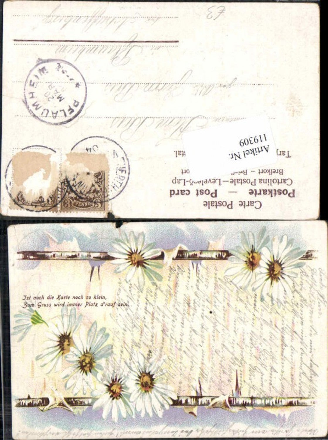 119309,Litho Blumen Gänseblümchen Spruch 1900