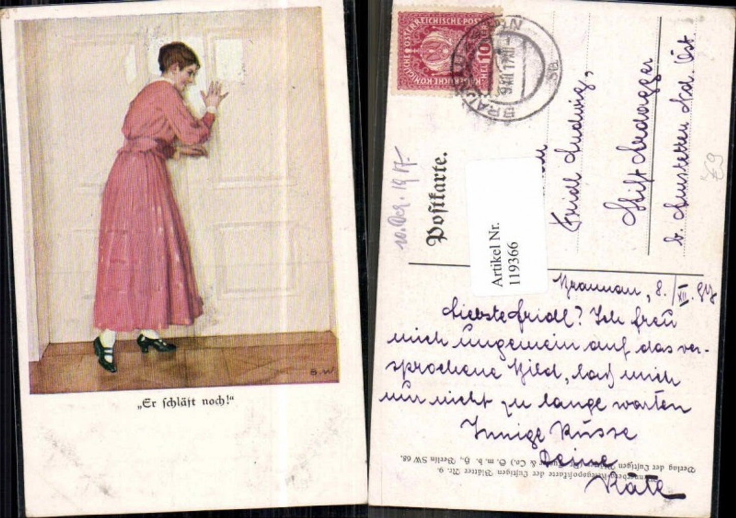 119366,B. Wennerberg Karikatur Er schläft noch Frau lauscht b. Tür Lustige Blätter Nr 9