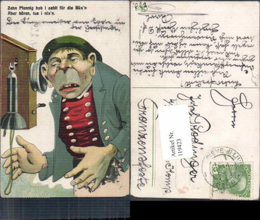 119423,Scherzkarte Juxkarte Dummer Mann am antiken Telefon hört nichts