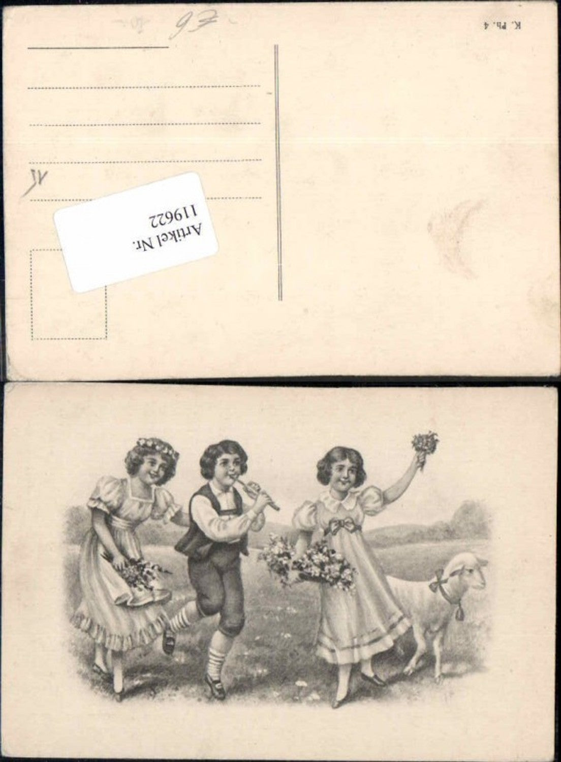 119622,Jugendstil Kinder Mädchen Schaf Ostern Flöte Vienne Stil