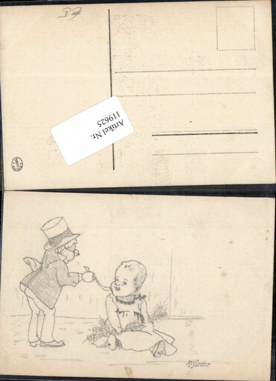 119625,A. Förster Handgezeichnet handgemalt Hut Baby wird gefüttert