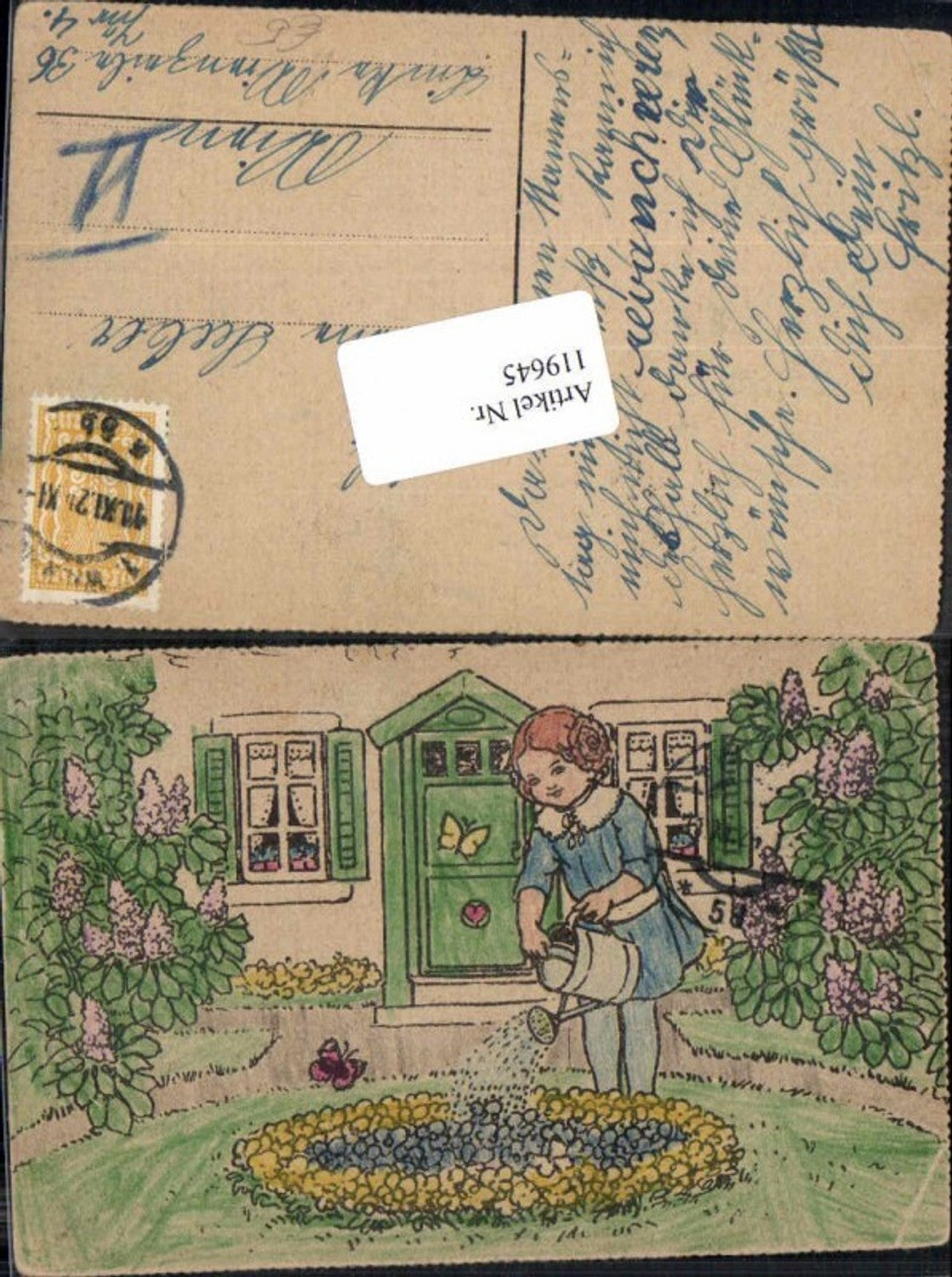 119645,Handgemacht Schmetterling Mädchen giesst Blumen Giesskanne handgezeichnet