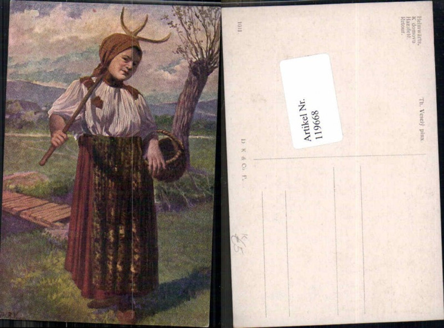 119668,Th. Vesely Heimwärts Bäuerin geht vom Feld Rechen Korb Tracht tschechien