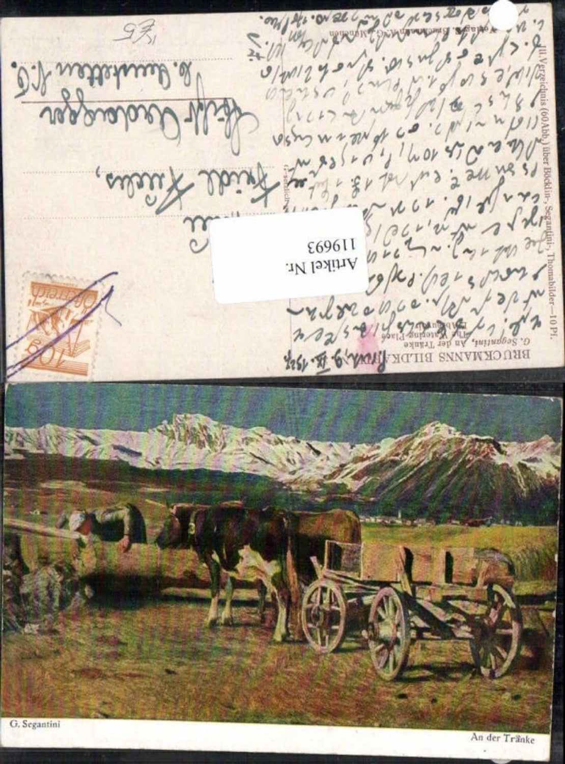 119693,G. Segantini An der Tränke Kühe Ochse Gespann Bauer
