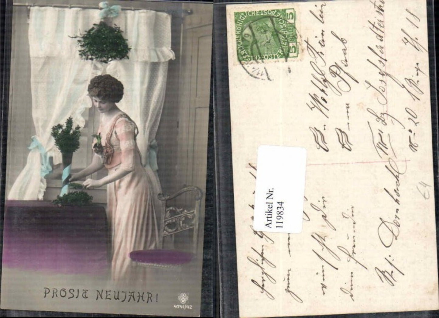 119834,Neujahr Schöne Frau m. Sessel Tisch Zweige RPH SBW 4741-42