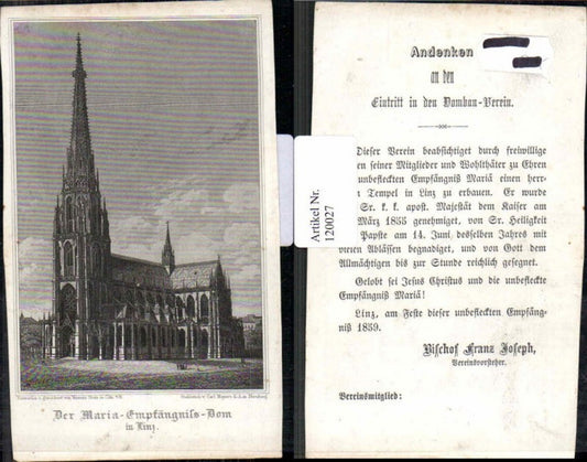 120027,RAR Stahlstich um 1859 Heiligenbildchen Linz a.d. Donau Maria Empfängnis Dom