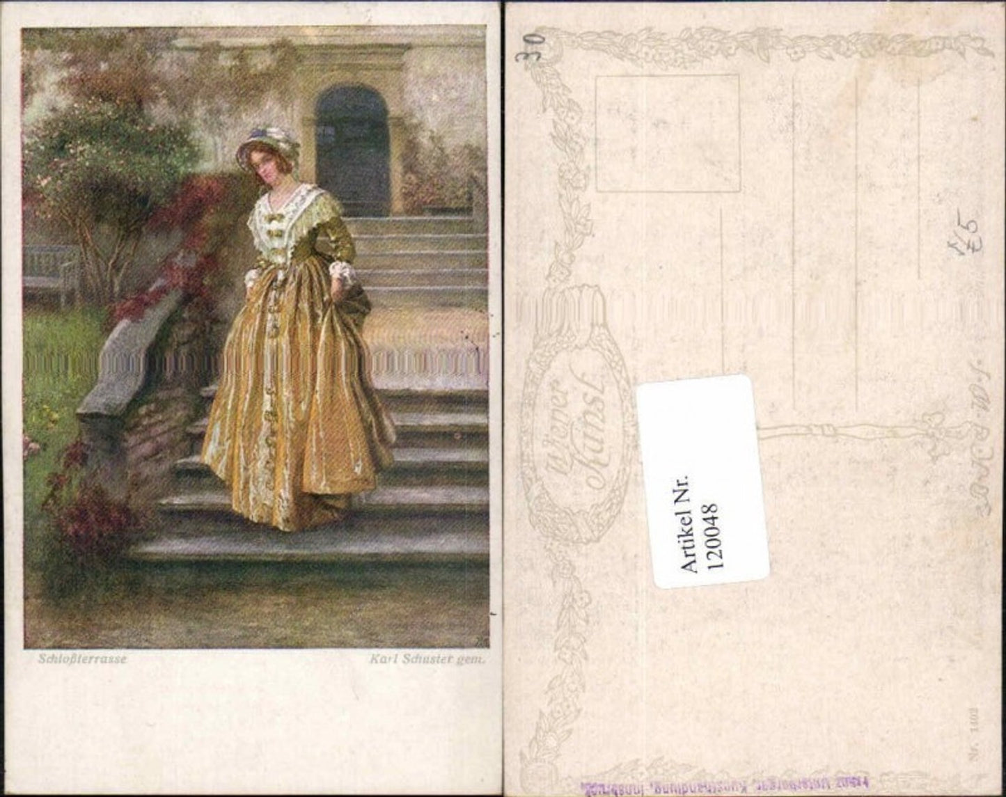 120048,Karl Schuster Schlossterrasse FRau in Kleid Hut Haube B.K.W.I 1402