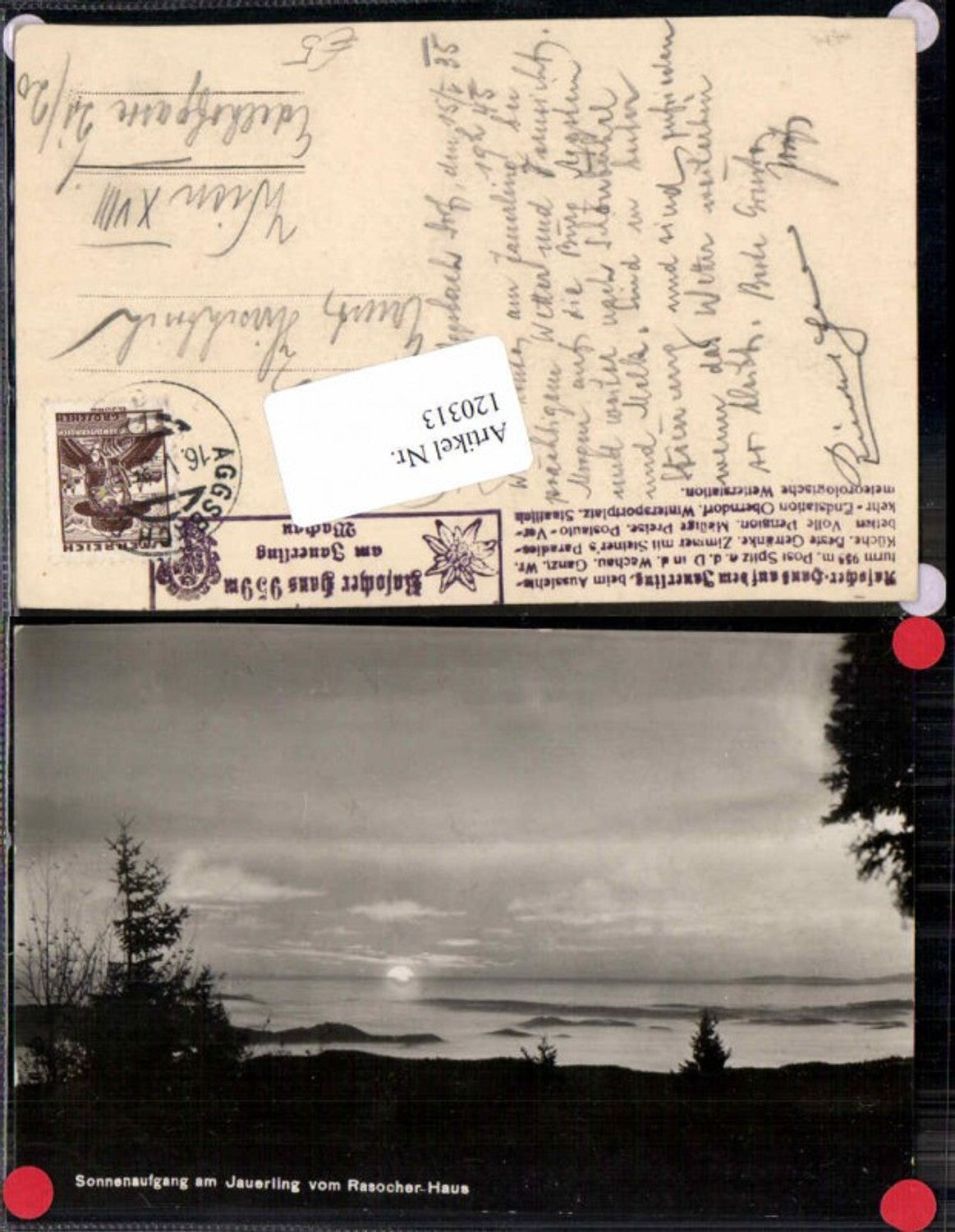 120313,seltene FotoAK Sonnenaufgang am Jauerling bei Spitz in der Wachau Rasocher Haus