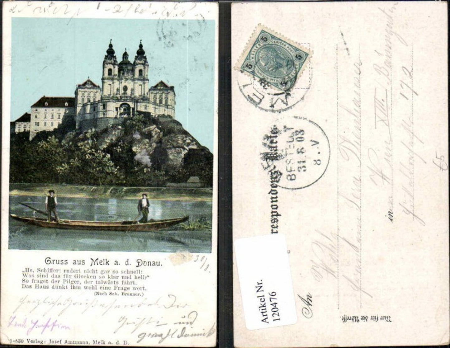 120476,Litho Gruss aus Melk a.d. Donau m. Boot 1900