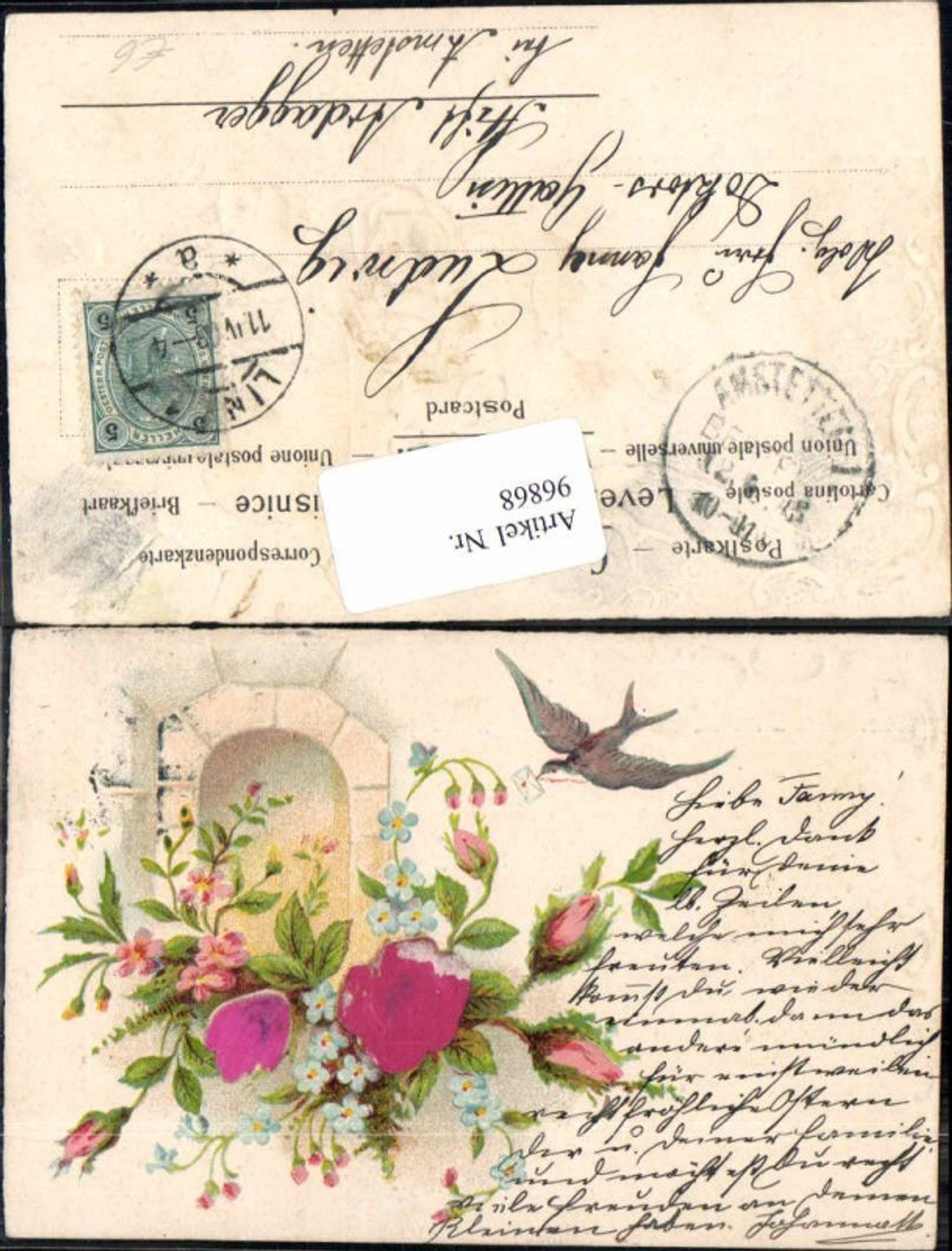 96868,Präge Litho Appliktion Vogel Seide Seidenkarte Blumen