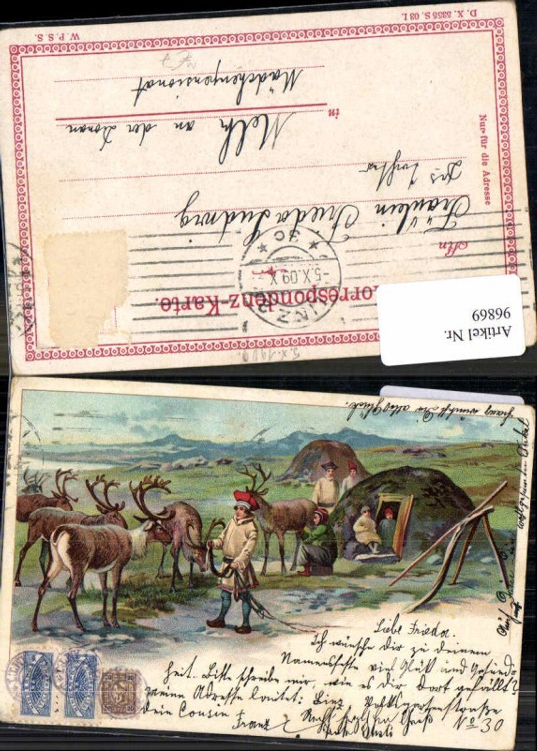 96869,Russische Litho Renntiere Tiere in Russischer Landschaft Typen