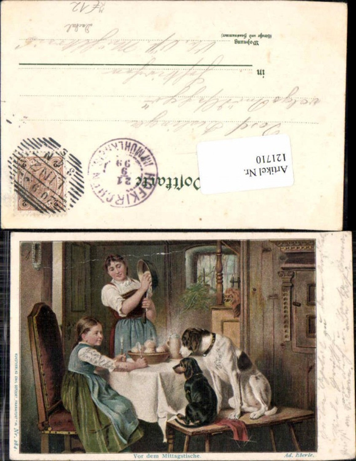 121710,Ad. Eberle Hund Dackel Dog Mittagstisch Mädchen Mutter Bauernstube 1899