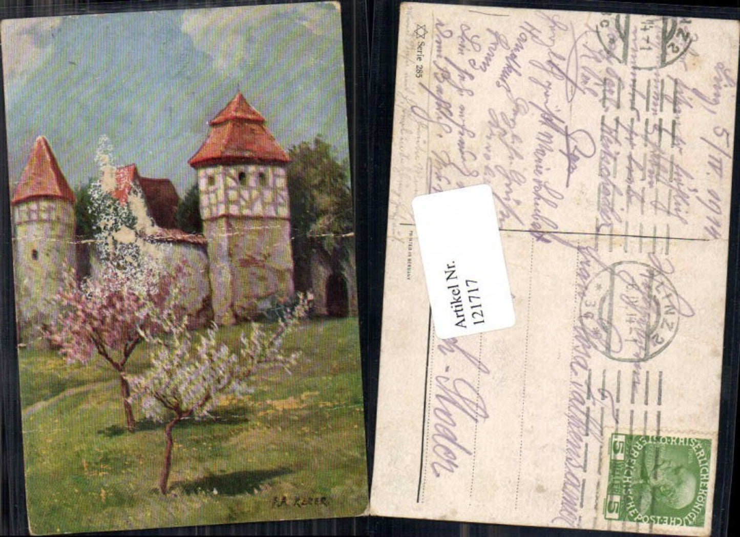 121717,F.A: Kerer Künstlerkarte Schloss Turm Baum Burg
