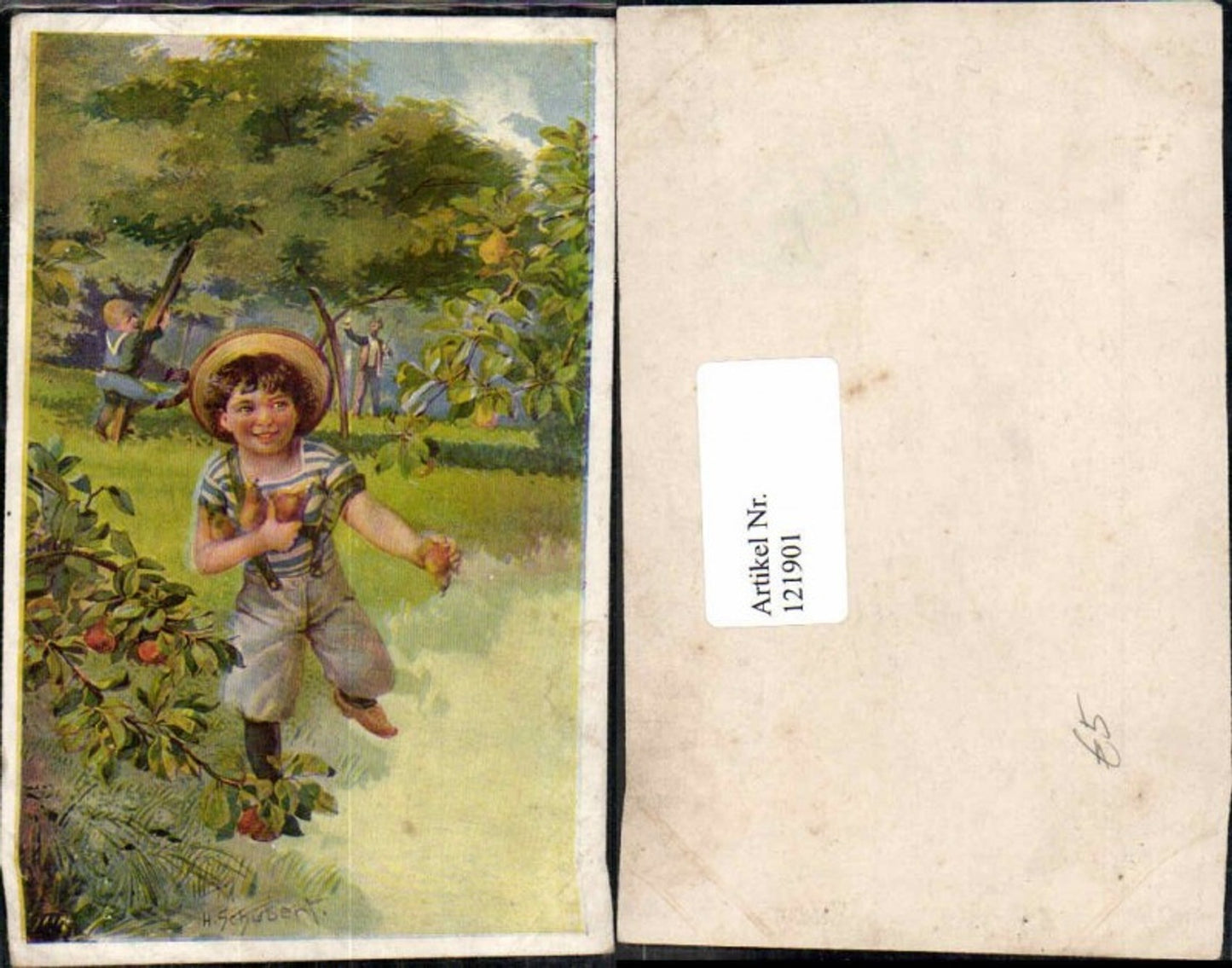 121901,H. Schubert Süsses Kind beim Birnen stehlen Obst