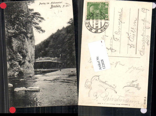 122028,Partie im Helenenthal bei Baden Wien Brücke Leute 1912