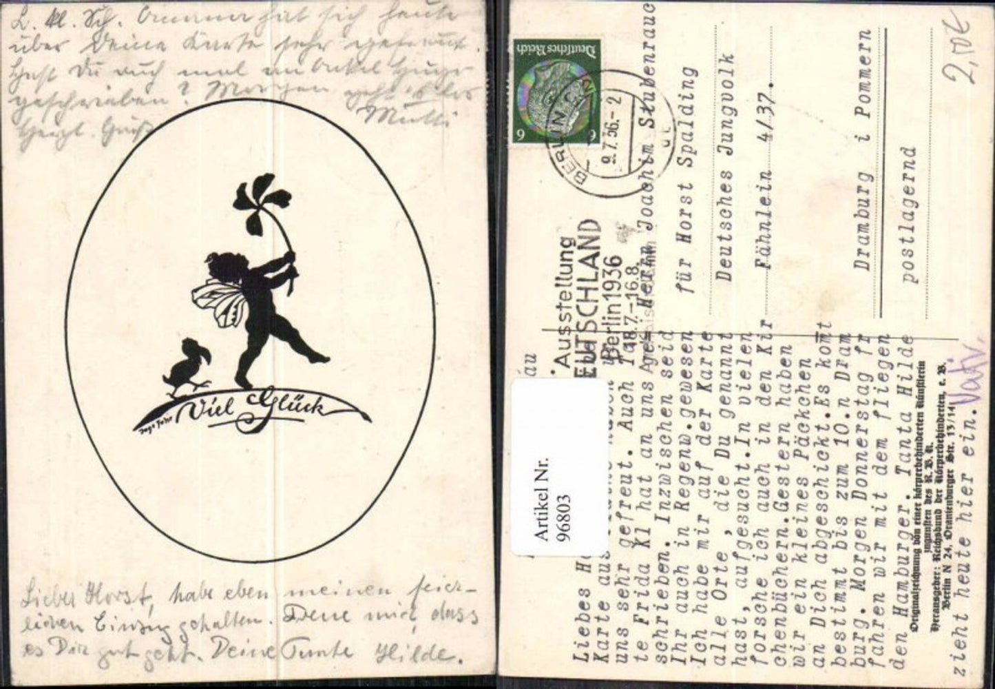 96803,Scherenschnitt Silhouette Inge Fohr Reichsbund d. Körperbehinderten Engel Vogel