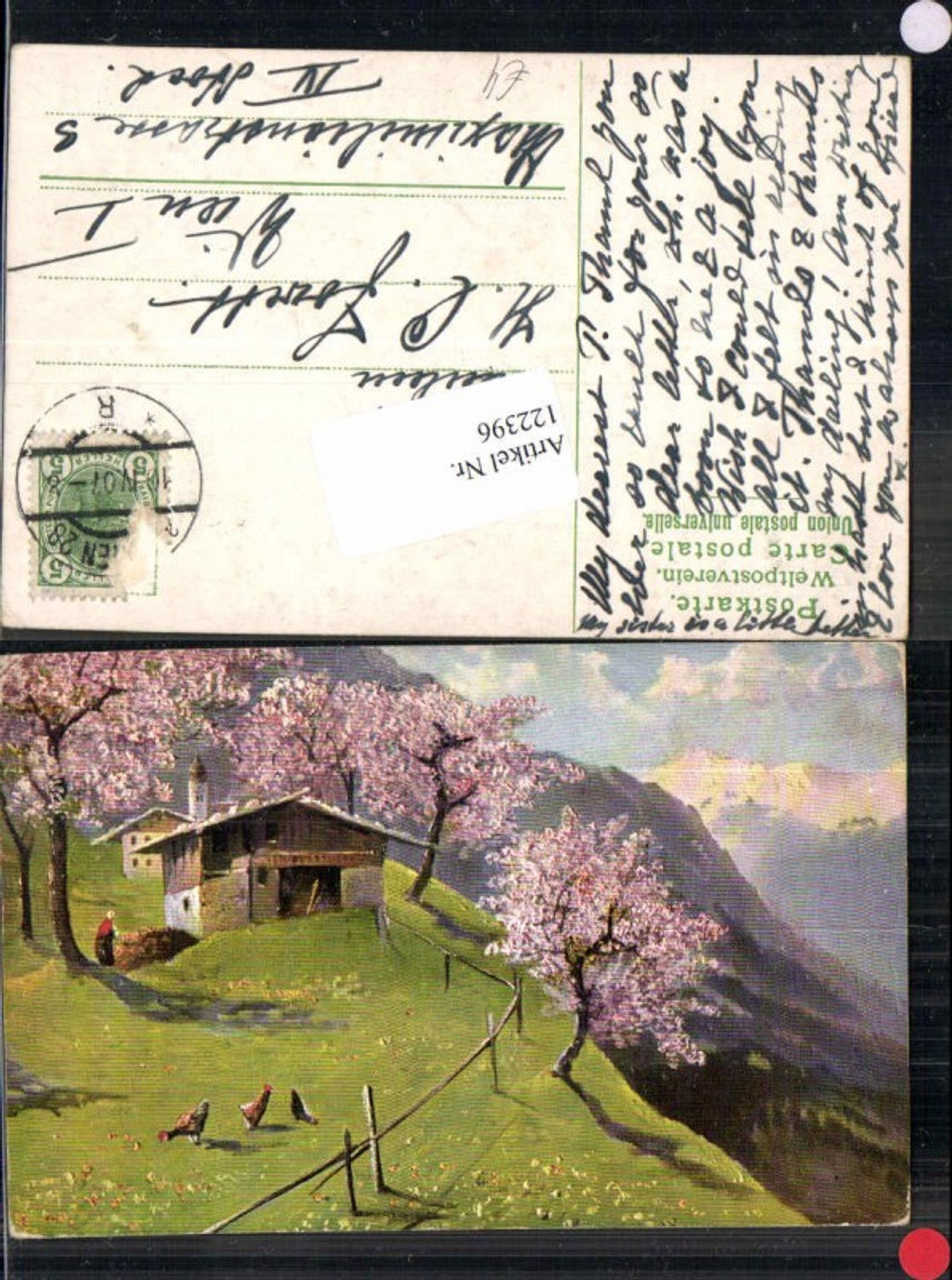 122396,Künstlertkarte Haus in den Bergen Dorf Kirche Hühner