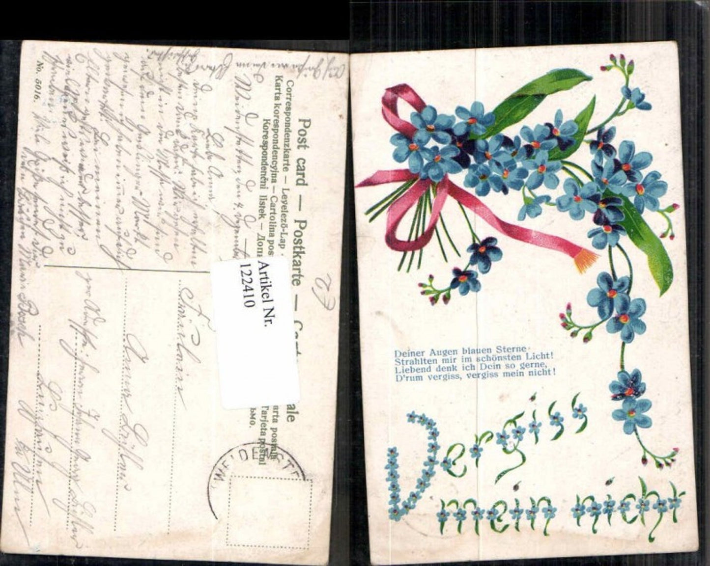 122410,Litho Vergiss mein nicht Blumen Veilchen 1900