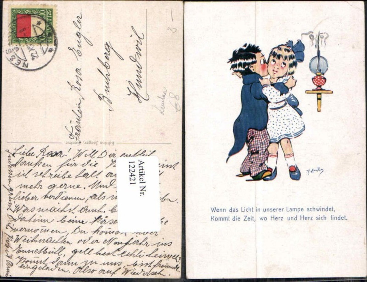 122421,Tolle Künstlerkarte Kinder Junge küsst Mädchen H. Loutan