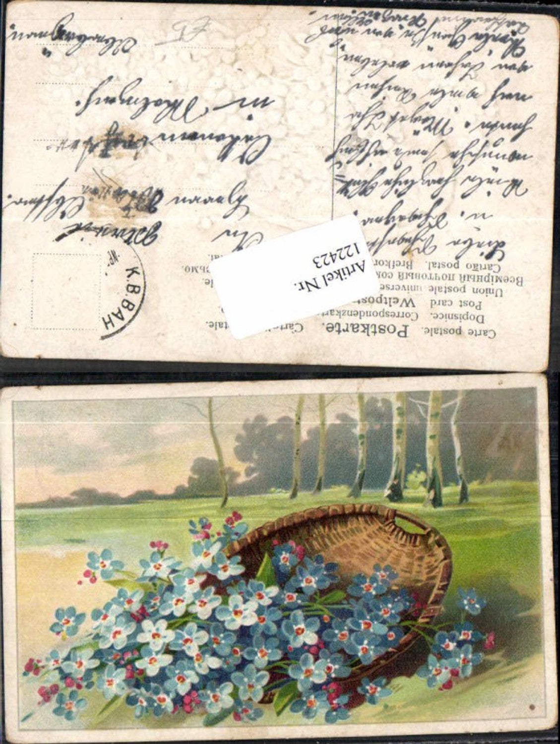 122423,Tolle Litho Präge AK Blumen Korb Wald Birken