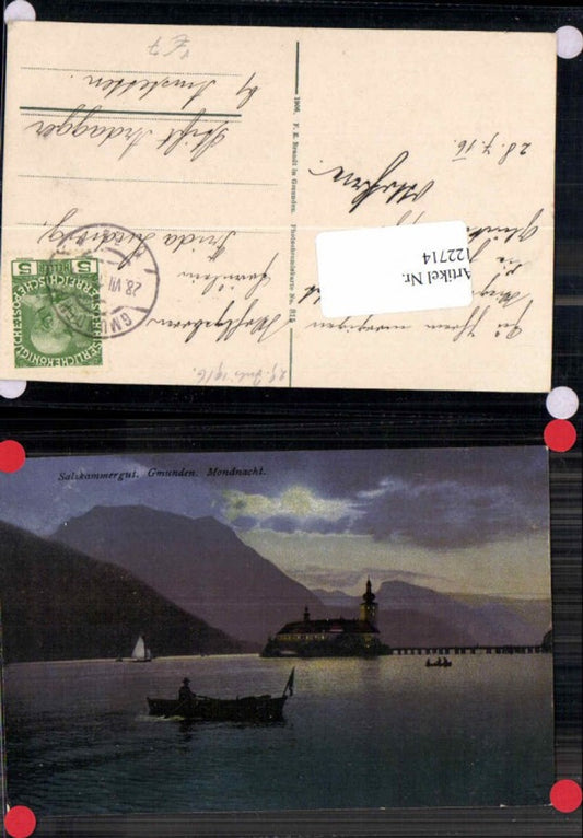 122714,Salzkammergut Gmunden m. Schloss Orth Ort Boot Mondnacht Brandt 815