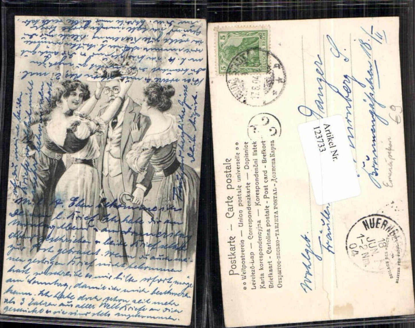 123733,Tolle Emanzipation Frauen setzen Mann Hut auf und lachen 1904