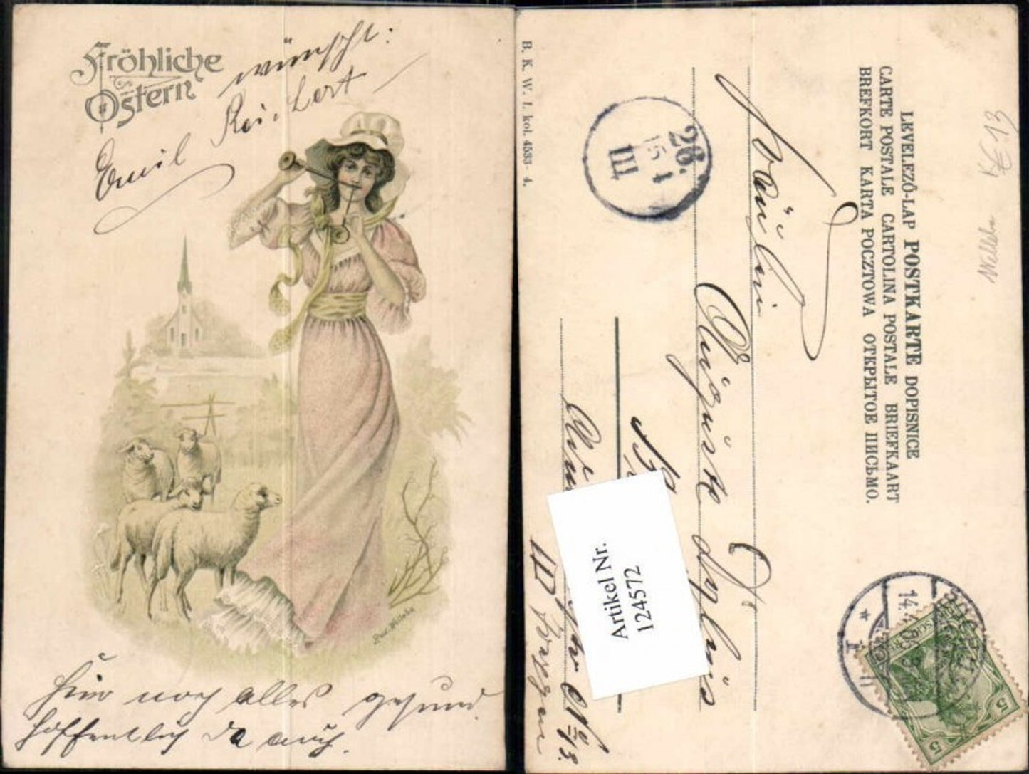 124572,Rudolf Welleba Tolle Jugendstil Litho Frau Flöte Schafe Vienne Stil Art Nouveau Ostern