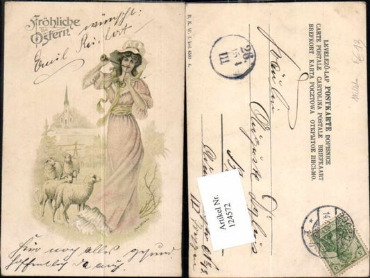 124572,Rudolf Welleba Tolle Jugendstil Litho Frau Flöte Schafe Vienne Stil Art Nouveau Ostern