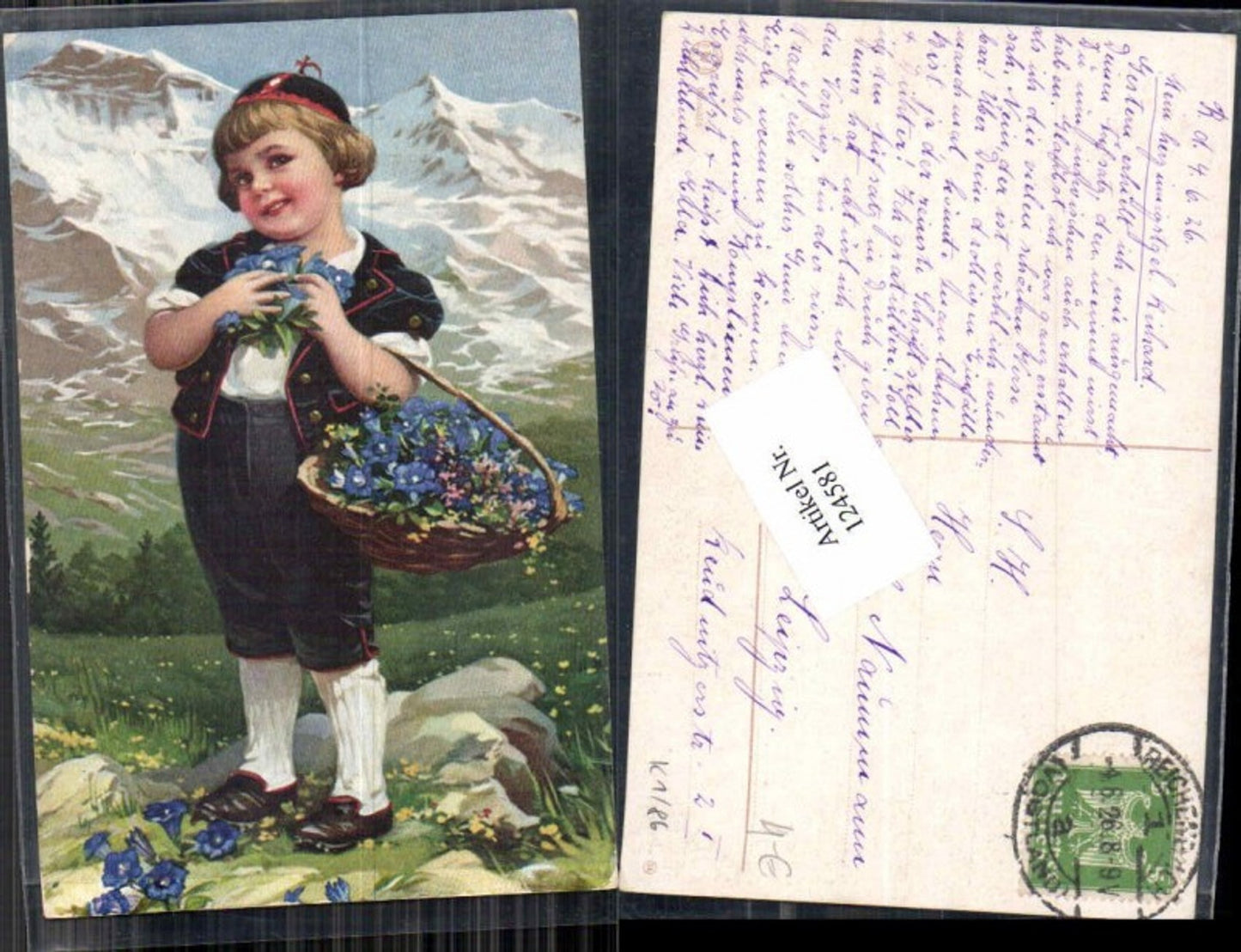 124581,Schöne Karte Süsses Kind Mädchen Blumen Korb Berge Novolito