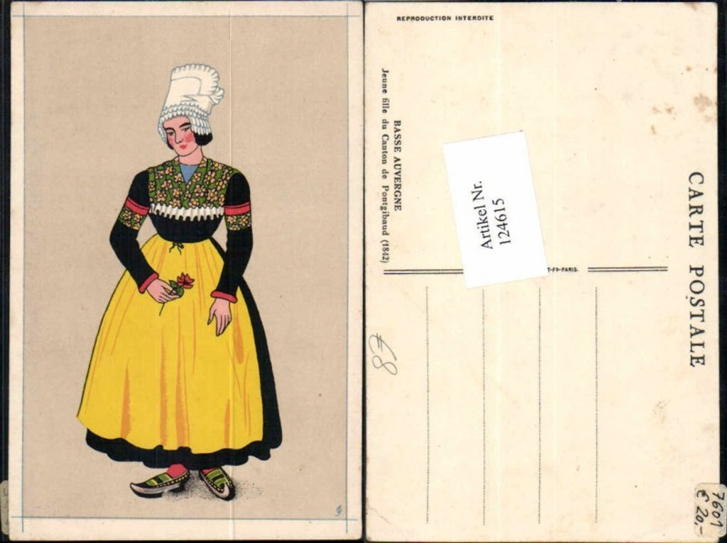 124615,Basse Auvergne Jeune fille du Canton de Pontgibaud 1842 Tracht Volkstyp Frankreich