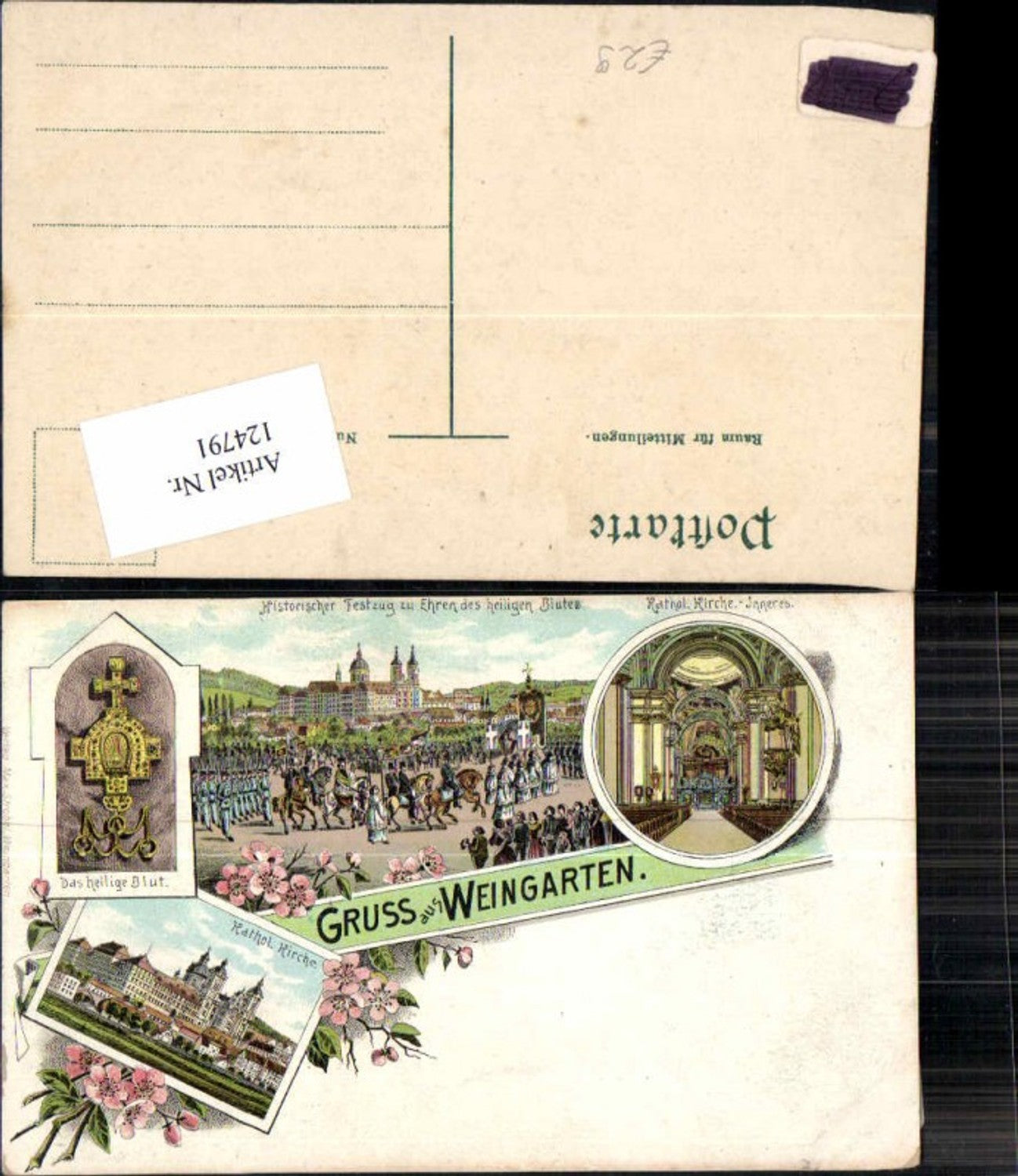 124791,Tolle Litho Gruss aus Weingarten Festzug zu Ehren Heiligen Blutes 1898