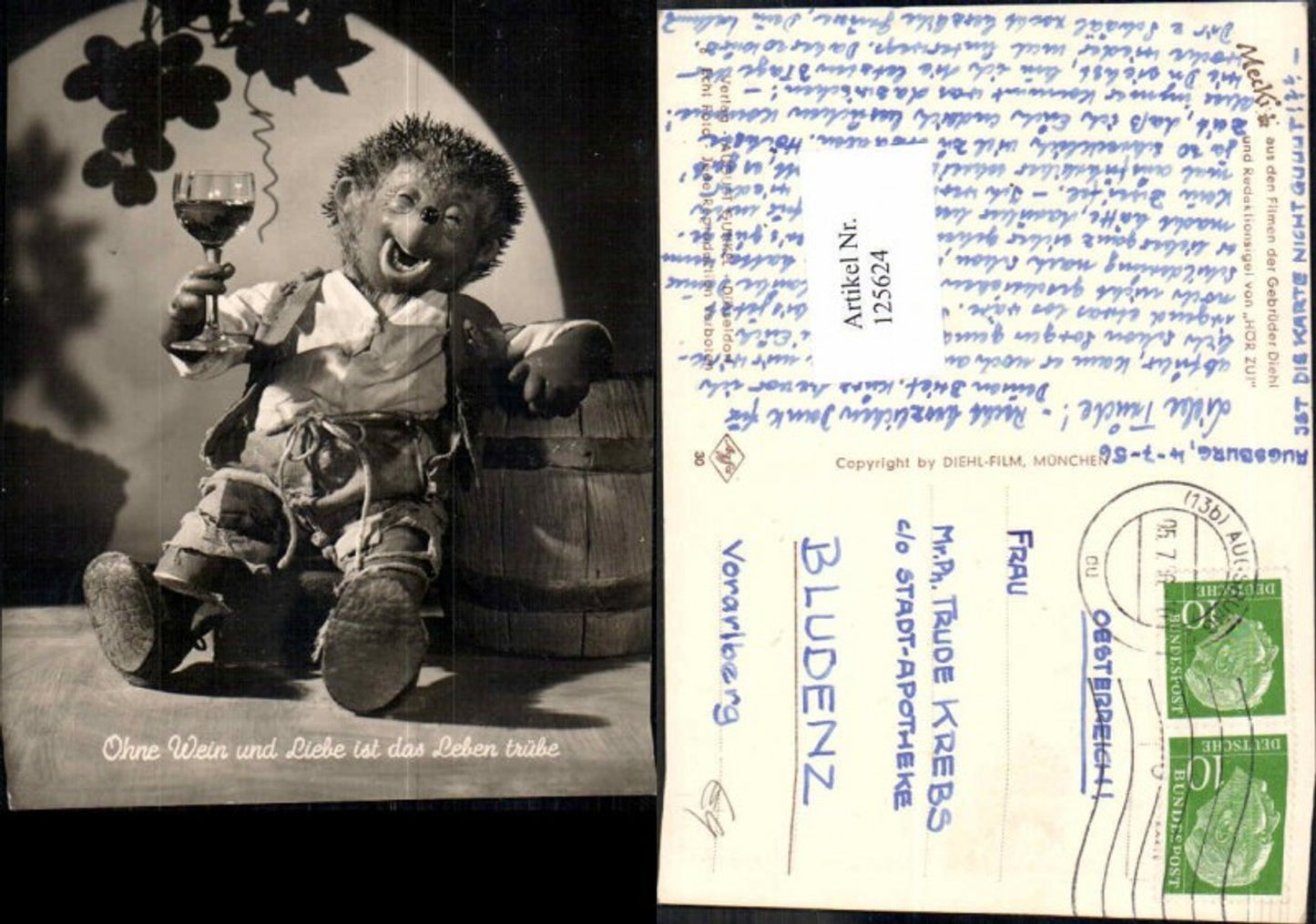 125624,Mecki Igel AK 8 Wein Juxkarte Glas Weinglas