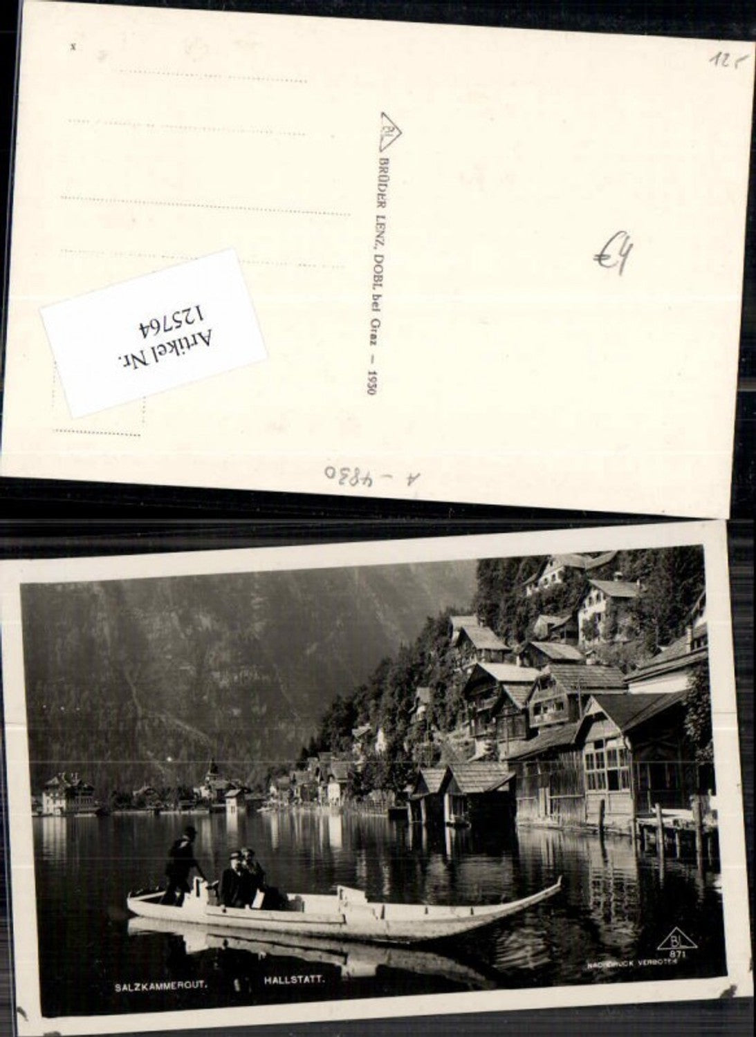 125764,Hallstatt Partie zum Ort m. Boot Leute pub Lenz 871