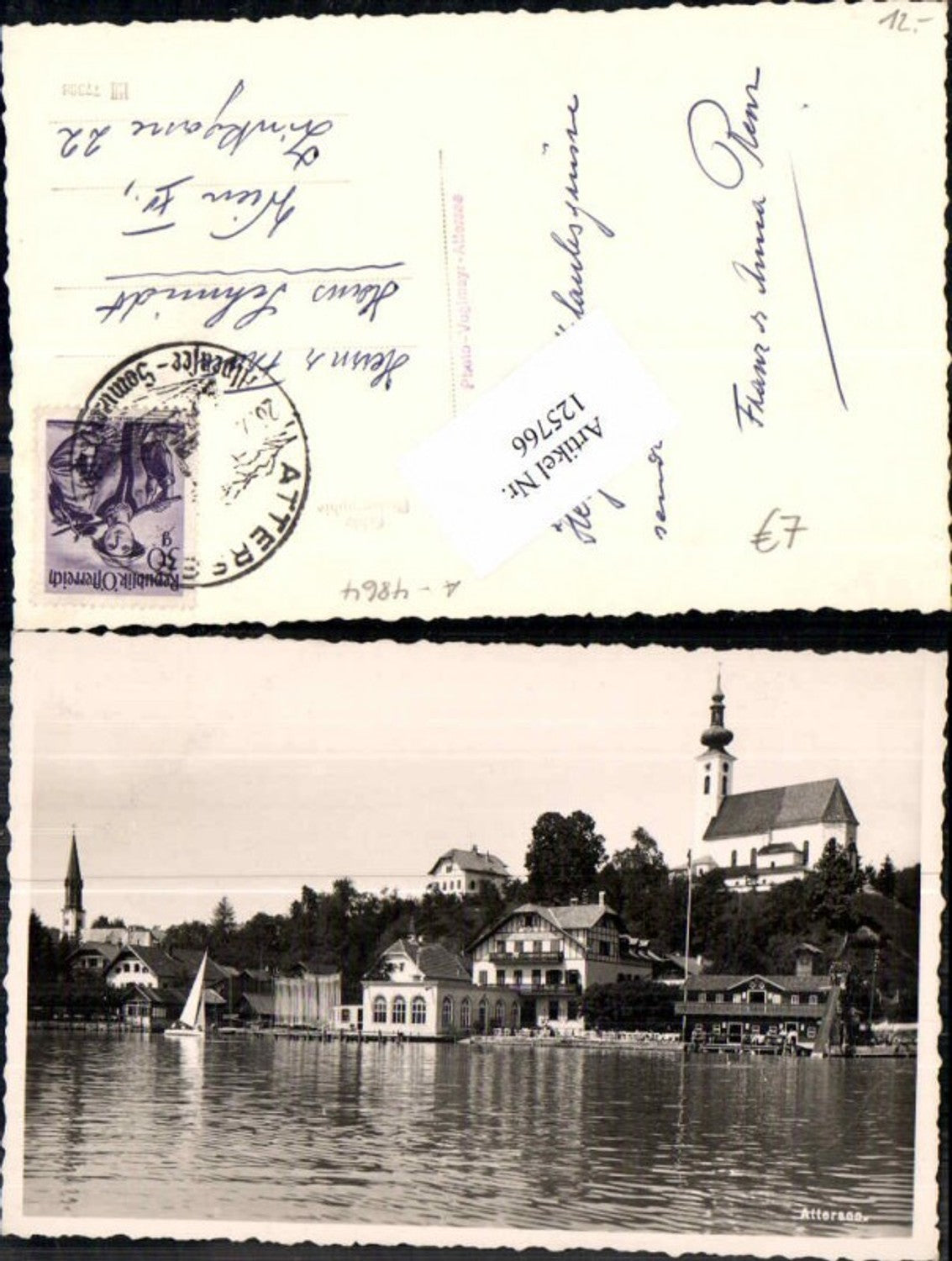 125766,Partie in Attersee m. Segelschiff Segelboot 1950