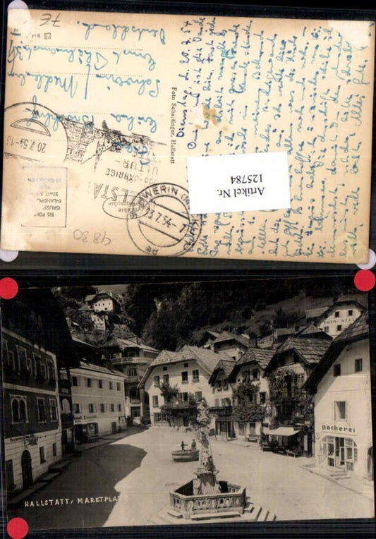 125784,FotoAK Hallstatt Marktplatz mit Brunnen und Bäckerei