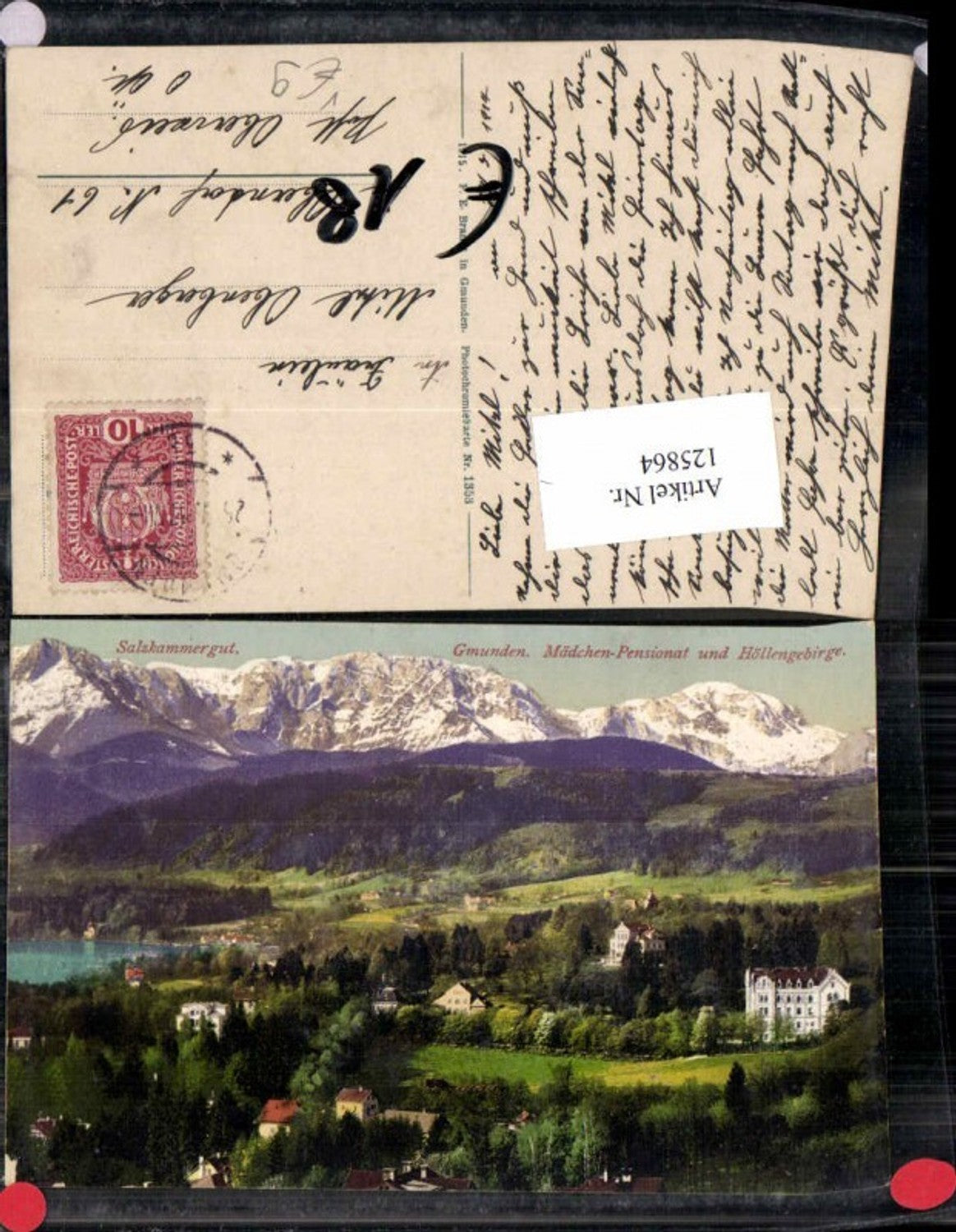 125864,Salzkammergut Gmunden Mädchen Pensionat m. Höllengebirge Brandt 1353