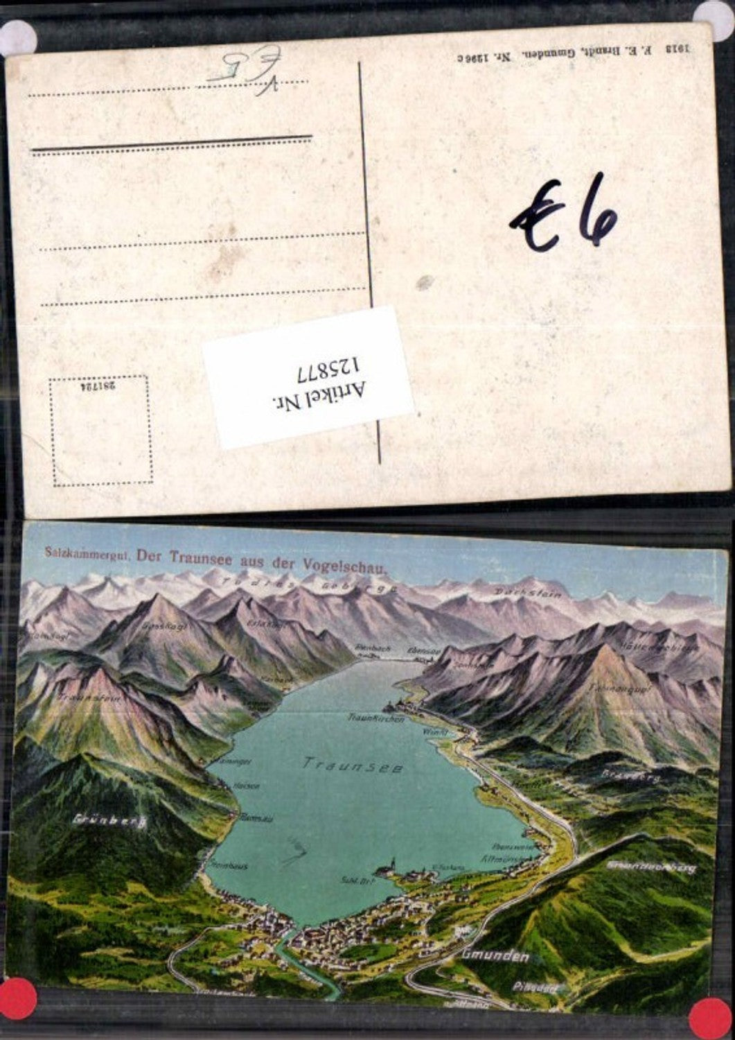 125877,Vogelschau Karte Traunsee Gmunden Ebensee Altmünster Steinhaus Ramsau Brandt 1296c