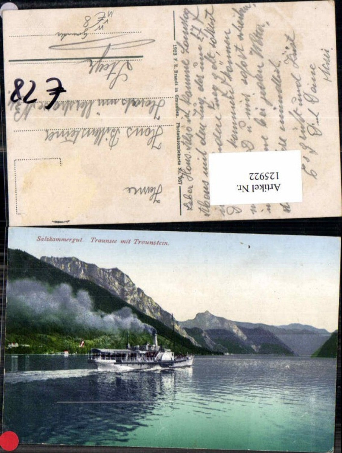 125922,Salzkammergut Traunsee m. Traunstein Dampfer Gmunden Ebensee Traunkirchen Brandt 967
