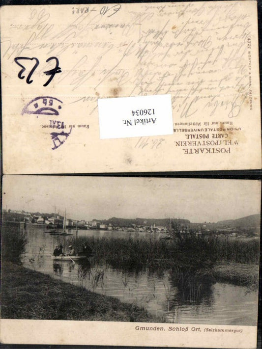 126034,Gmunden Schloss Ort Orth seltene Ansicht im Schilff m. Boot 1902