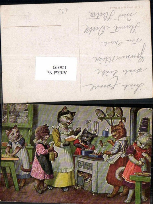 126593,Arthur Thiele vermenschlichte Katzen personifizierte am Herd kochen Theo Stroefer 1823