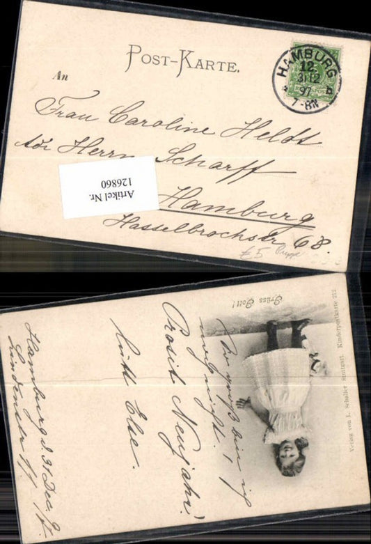 126860,Kinderpostkarte Kind Kleid Puppe um 1900